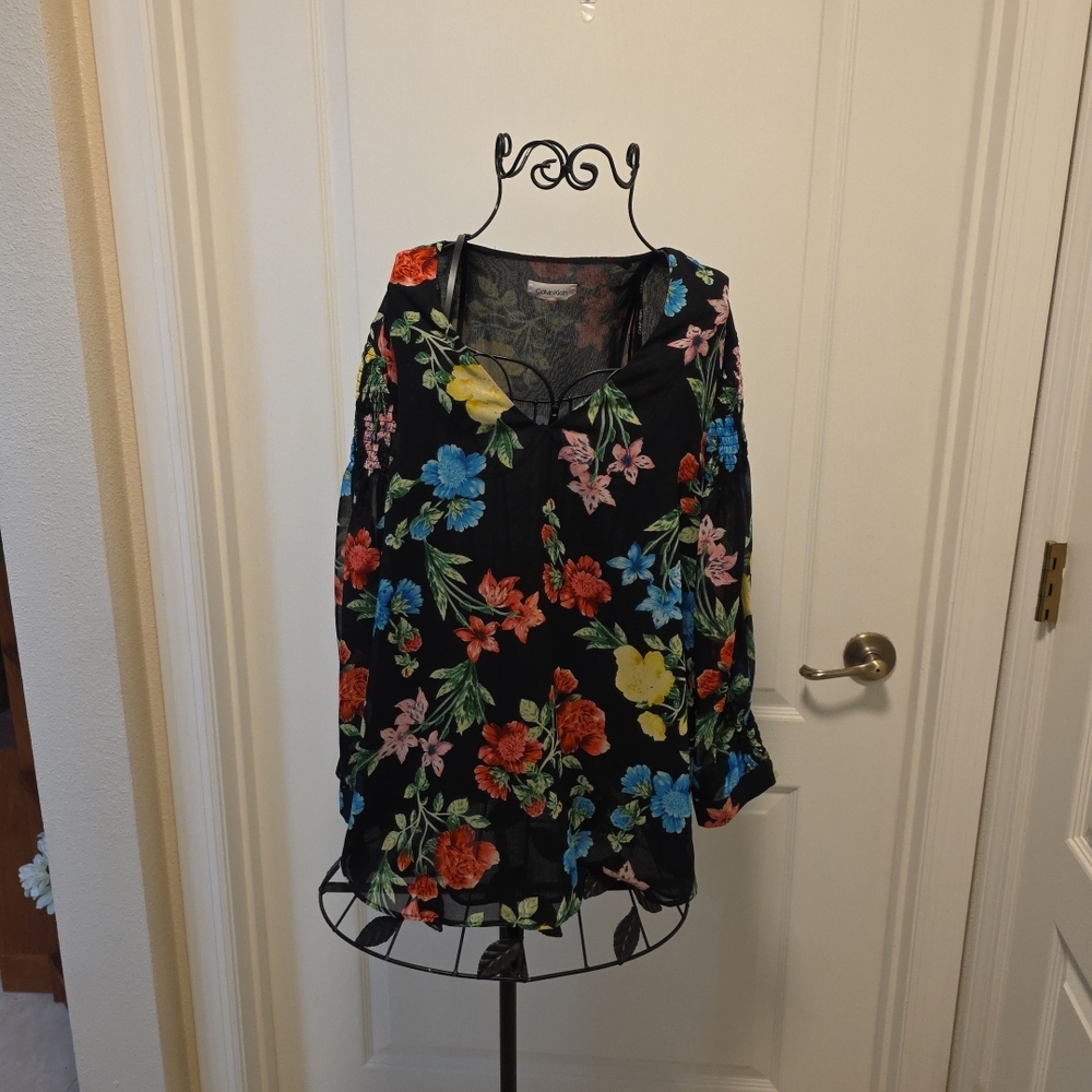 Calvin Klein Black Blouse with Vibrant Floral Patterns